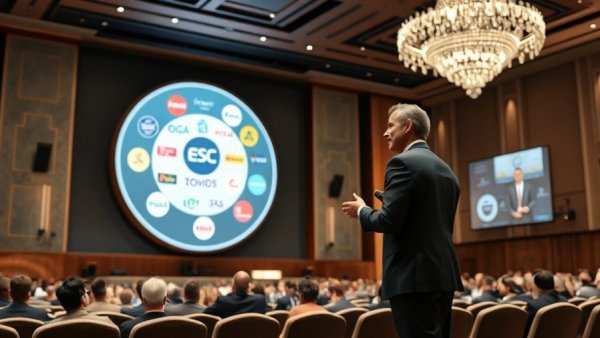 Healthcare innovation presentation at a conference with digital displays.