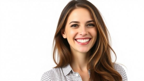 Smiling woman in patterned blouse against white backdrop.