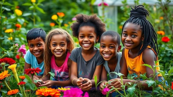 Diverse kids gardening, making impact in their community.