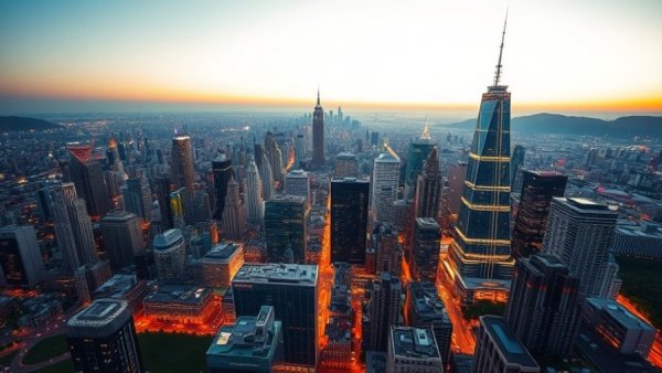 Aerial view of vibrant cityscape at dusk with good news this week.