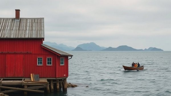 Myken Distillery near red wooden building by the sea with boat.