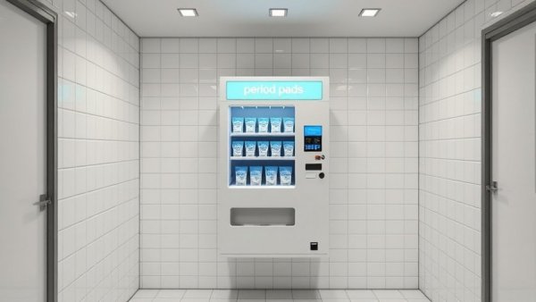 Free period pads vending machine in a modern restroom interior