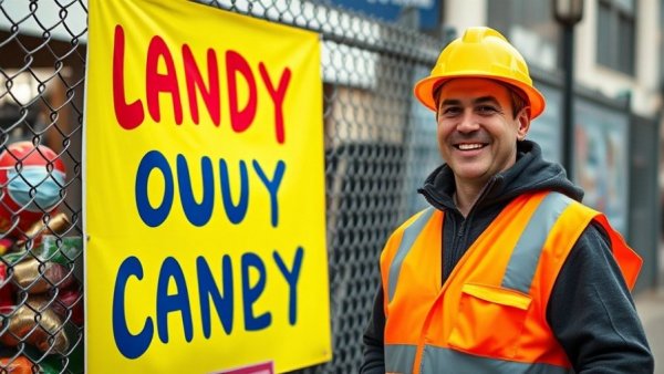 Support for Candy Vendor with Cerebral Palsy: joyful vendor and banner.