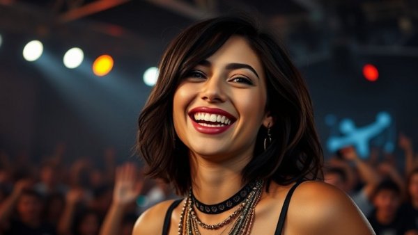 Woman smiling at concert, conveying Billie Eilish donation impact.