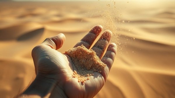 Hand releasing fine sand in desert, world's largest sand battery concept.