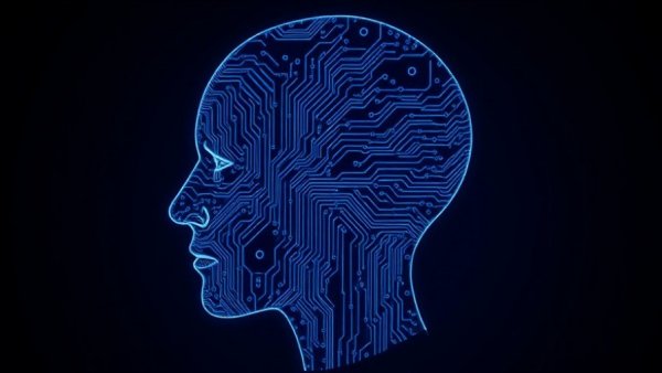 Futuristic AI head outline with circuit patterns, symbolizing AI in journalism.