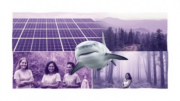 Collage highlighting environmental conservation efforts in purple tones.