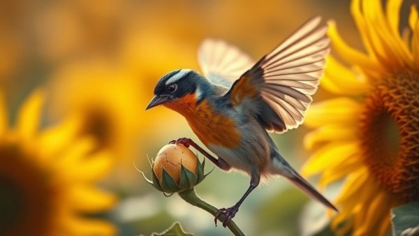 Bird feasting on sunflower seeds amid autumn hues, inspiring business.