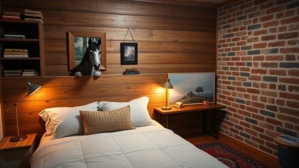 Charming Airbnb with miniature horse peeking into rustic bedroom.