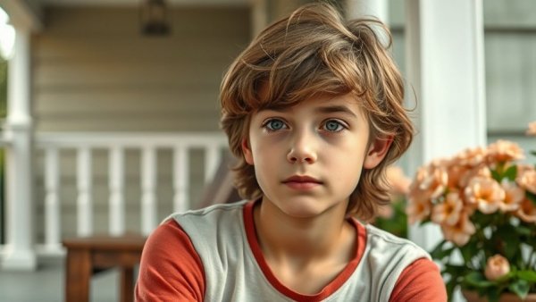 Young male sitting confidently on a porch surrounded by flowers.