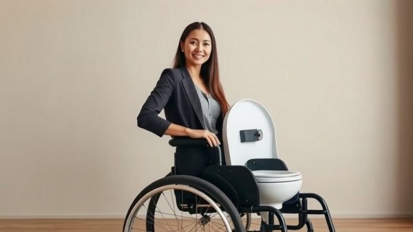 Professional showcasing wheelchair with toilet; elderly user present.