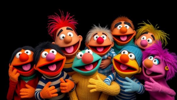 Colorful puppets from Sesame Street in a joyful group shot.