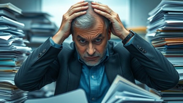 Frustrated man overwhelmed by paperwork amid government shutdown challenges.