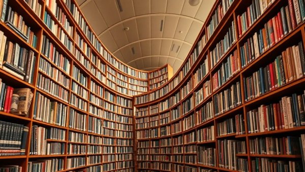 Curved library shelves filled with books, embodying relentless learning in leadership.