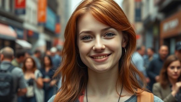 Young woman in urban setting, Charlotte Middlehurst style smiling portrait.