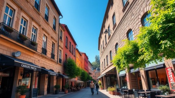 Urban stone buildings with greenery showcasing composting strategies.