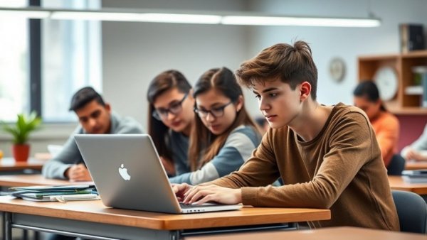 Teen students collaborating on a laptop in a modern classroom, highlighting California education reform.