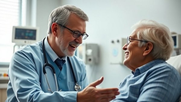 Doctor and patient discussing AI drug repurposing treatment in hospital setting.