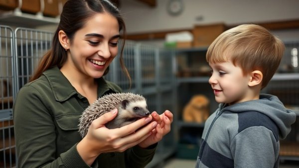 Woman showing hedgehog to child at a hedgehog hospital with cages.