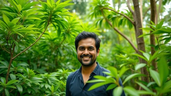 Man in forest cultivating sandalwood trees, Rajasthan setting.