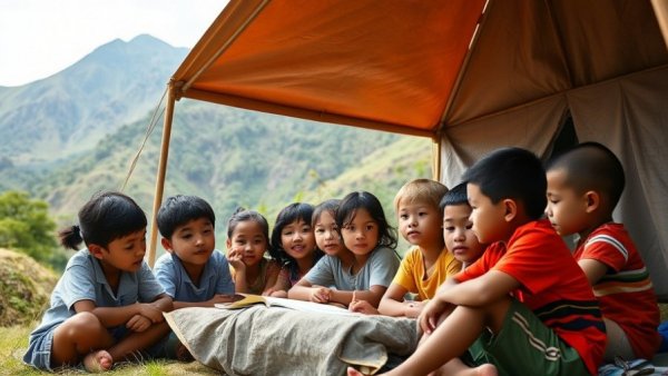 Children learning at a Kashmir tent school amidst mountains.