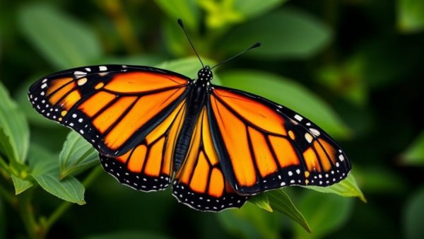 Close-up of a monarch butterfly amidst greenery, illustrating satellite-based wildlife tracking.
