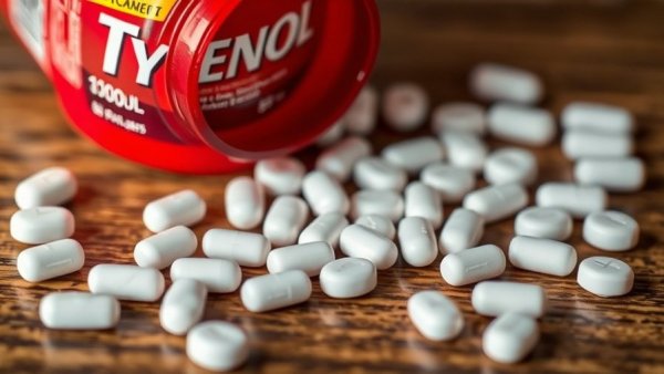 Tylenol caplets scattered from an open bottle on wood surface.