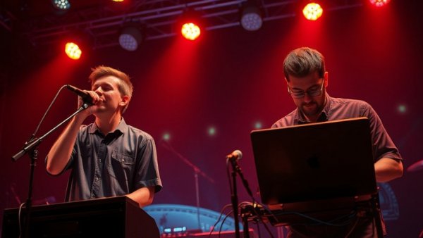 Musicians in AI songwriting battle on stage, one singing passionately, another focused on laptop.