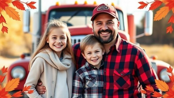 Thanksgiving celebration with family by truck, ideal for truckers.