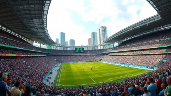 City view with large soccer stadium and audience during match.