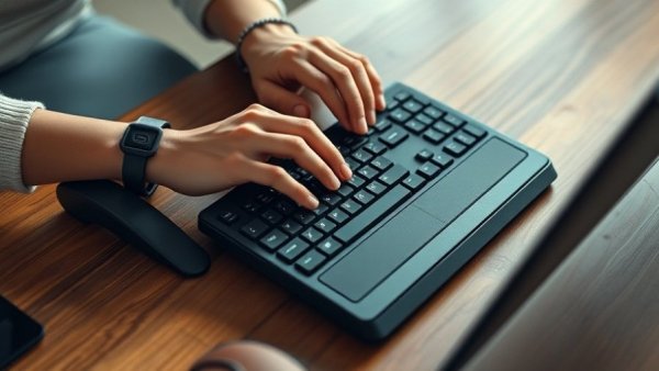 Adaptive smart keyboard for Parkinson's patients on a wooden desk.