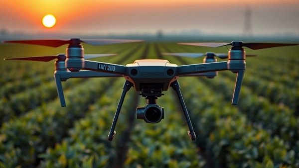 Drone technology in Indian agriculture at sunset, Innovations in Indian Agriculture.