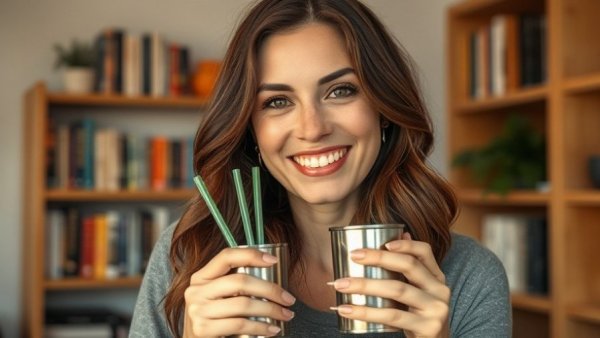 Smiling woman with metal cup and straws in eco-friendly setting for Nayana Premnath Zero-Waste Mission.