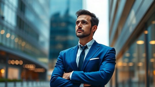 Dynamic CEOs driving trade and investment growth, confident businessman in blue suit.