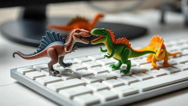 Toy dinosaurs on a keyboard represent merging innovation with tech-phobic.