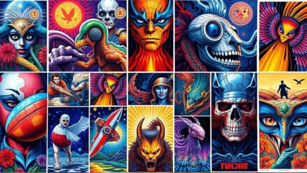 Vibrant collection of art posters by local artists, showcasing diversity.