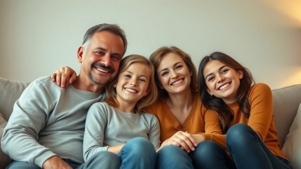 Happy family of four embracing on the couch showcasing heart-based parenting strategies.