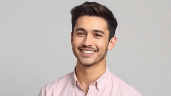 Portrait of a young man smiling in a light pink shirt
