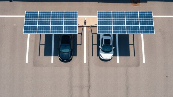 Aerial view of South Korea solar parking lots with cars beneath panels.