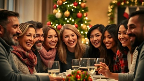 Joyful holiday celebration scene with no gifts focus.