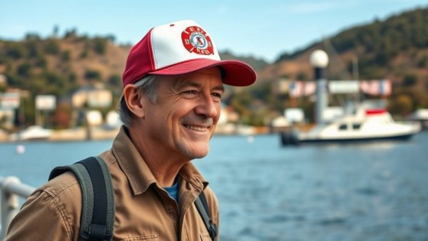 Casual man at waterfront near 'Coast Guard City USA' sign.