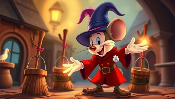 Classic cartoon scene with iconic mouse in sorcerer's hat performing magic.