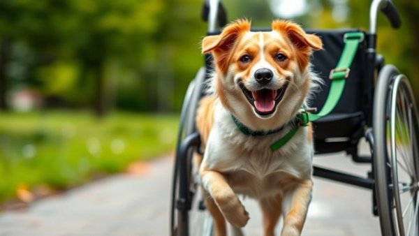 Dog walking with adaptive leash for ALS patient in park.