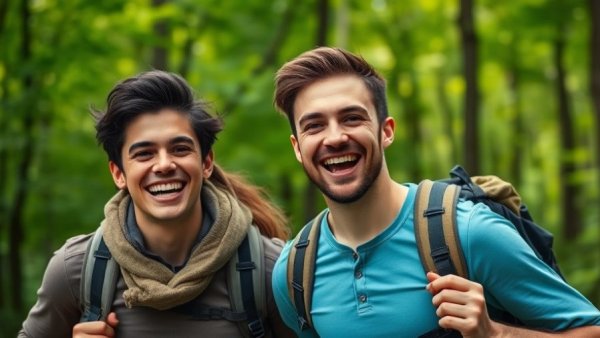 Young couple enjoying digital nomad lifestyle in forest