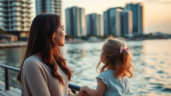 Woman and girl enjoying peaceful waterfront view, relaxed and warm moment.