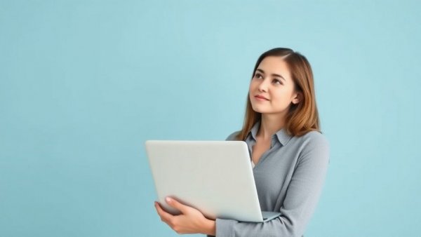 Confident woman pondering regenerative leadership practices with laptop.