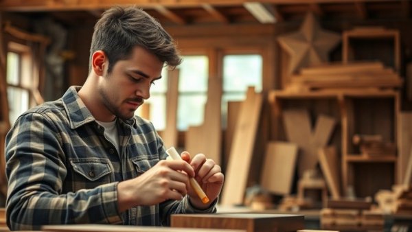 Focused young craftsman supporting local business in workshop.