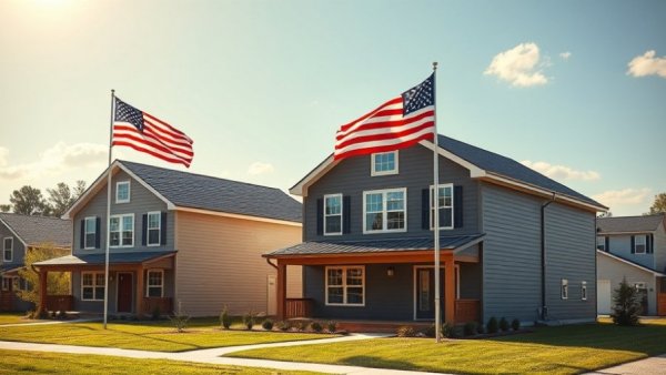 Modern houses in a rural community with an American flag, reviving rural communities.