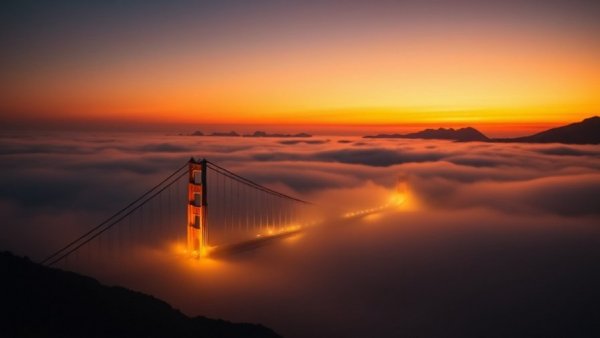 Foggy bridge at sunset with glowing orange sky on November 14.