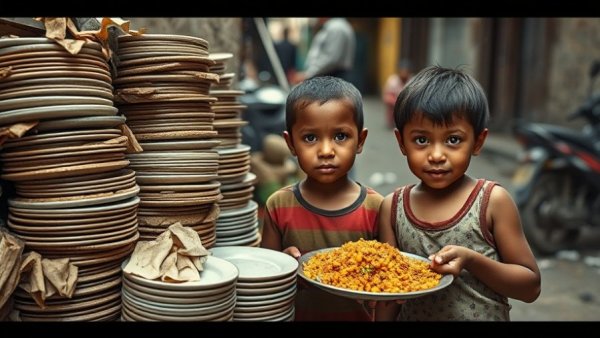 Food waste and children benefiting from food redistribution initiatives in India.